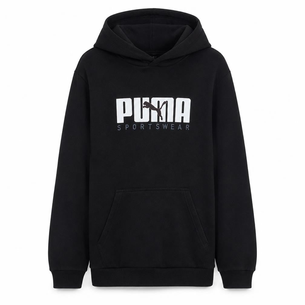 Front view of Puma Men's Black Medium Pullover Hoodie Sportswear Graphic Print