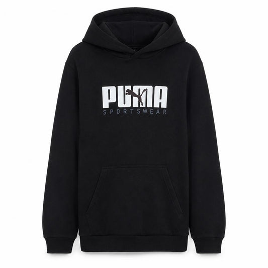 Front view of Puma Men's Black Medium Pullover Hoodie Sportswear Graphic Print