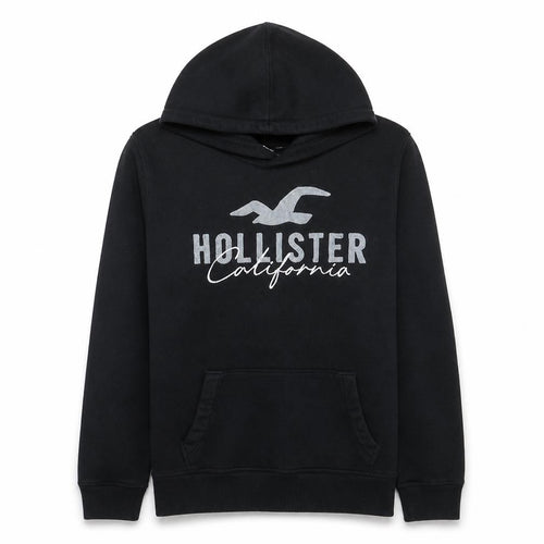 Hollister Men Black Small Pullover Hoodie Graphic Fleece