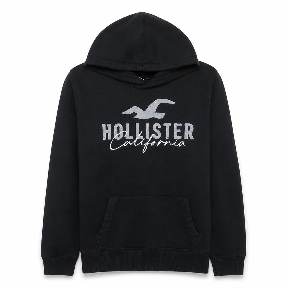 Hollister Men Black Small Pullover Hoodie Graphic Fleece