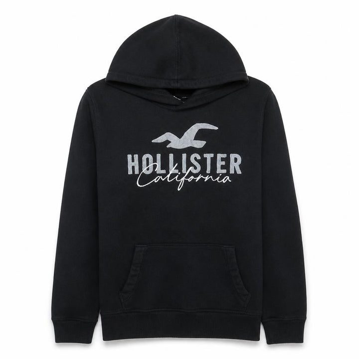 Hollister Men Black Small Pullover Hoodie Graphic Fleece
