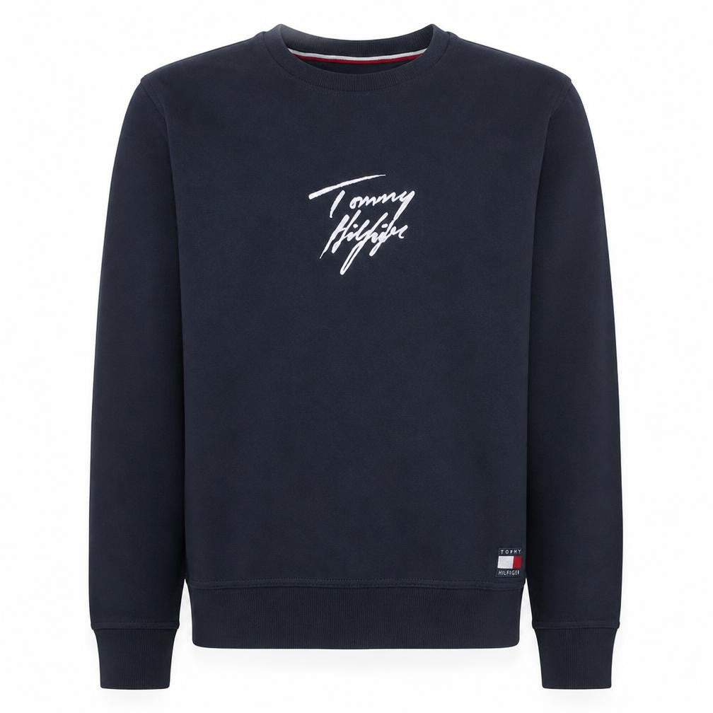 Front view of Tommy Hilfiger Men's Blue Logo Pullover Sweatshirt L Regular