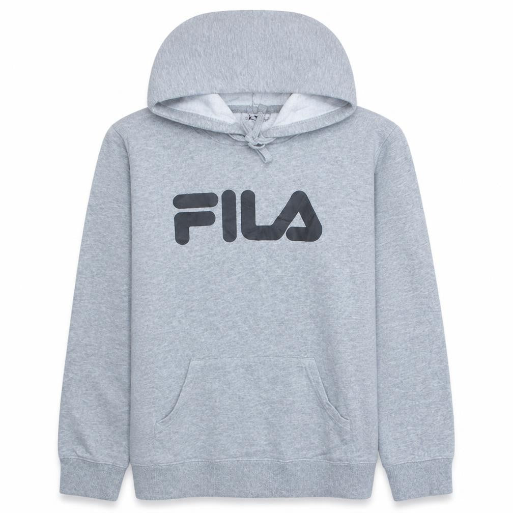 Front view of Fila men’s grey pullover hoodie m regular fit sports style