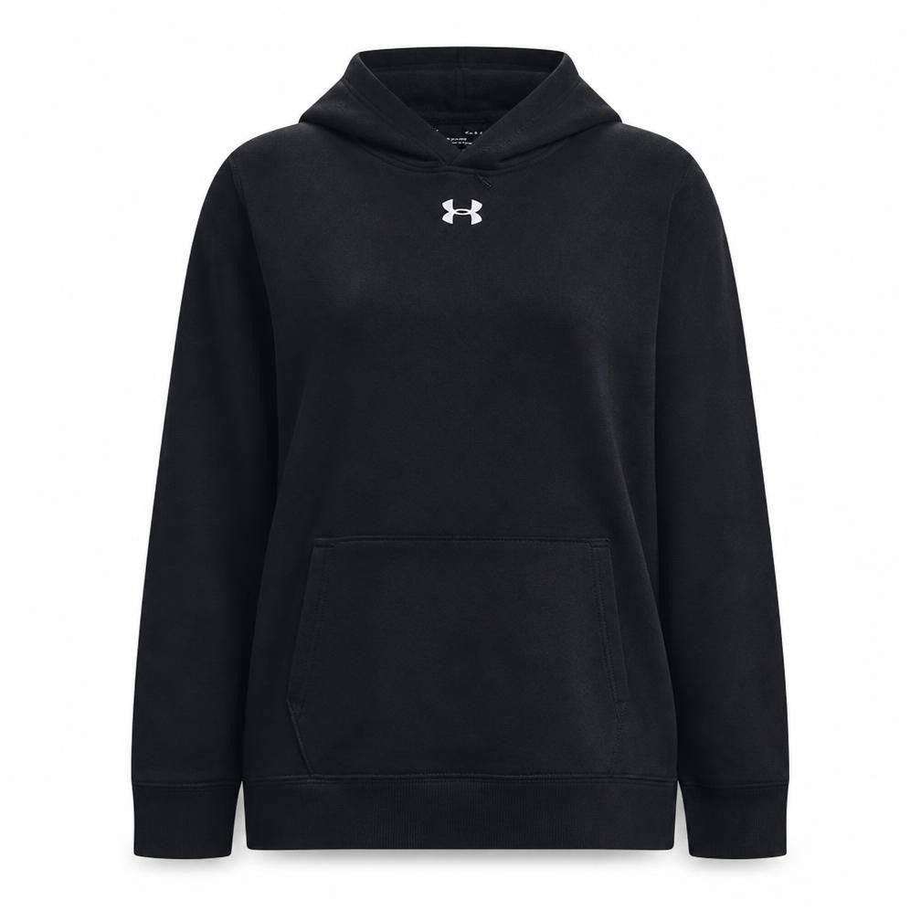 Front view of Under Armour women’s black pullover hoodie, size L, loose fit coldgear