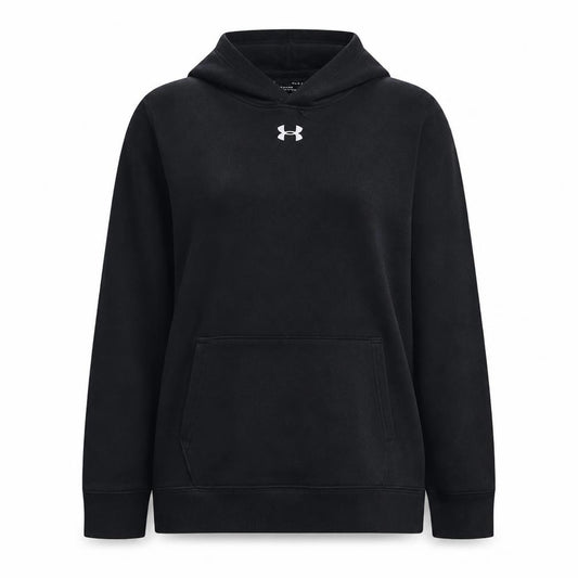 Front view of Under Armour women’s black pullover hoodie, size L, loose fit coldgear