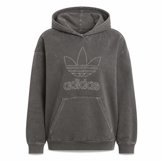 Front view of Adidas Women Grey Trefoil Logo Pullover Hoodie, size M