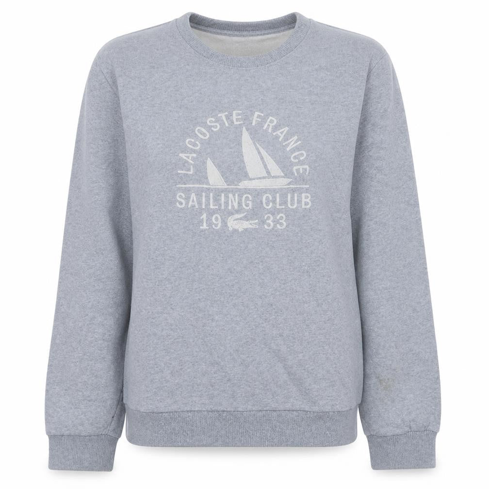 Front view of Lacoste women’s grey sailing club crew neck sweatshirt, size UK 12