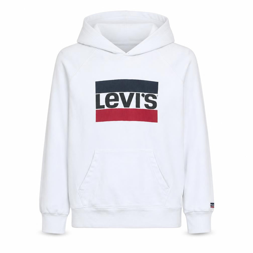 Front view of Levi's Men's White Pullover Hoodie M Graphic Logo Sweatshirt