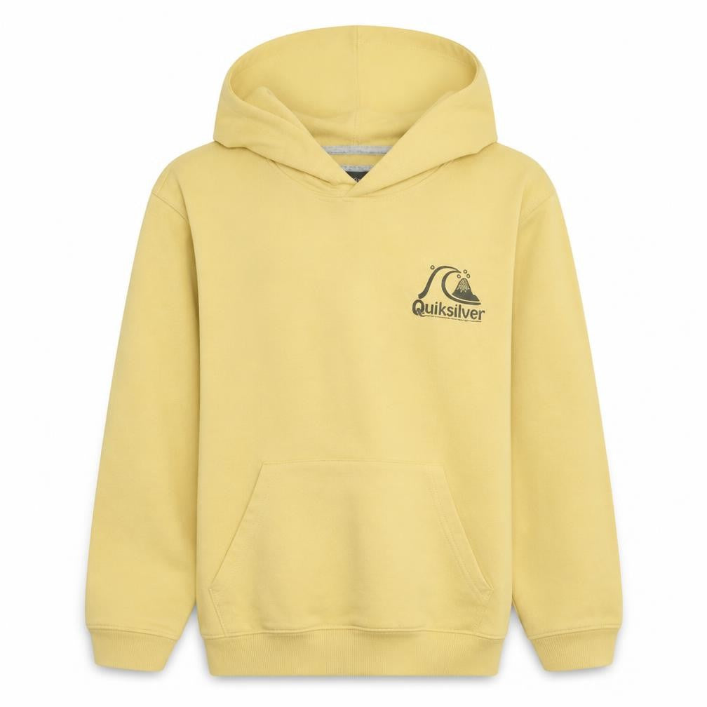 Front view of Quiksilver boys’ yellow pullover hoodie, size 14, cotton blend surf logo