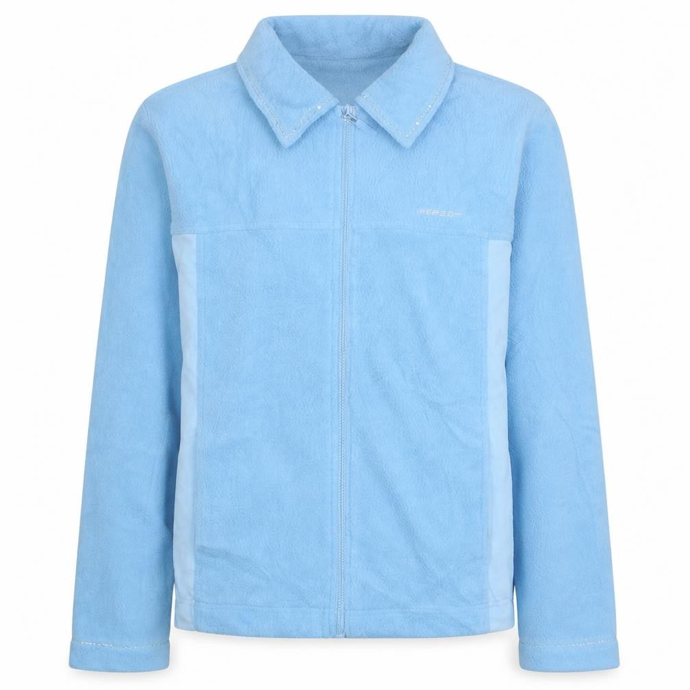 Front view of Reebok women’s blue fleece full zip jacket, size M, lightweight
