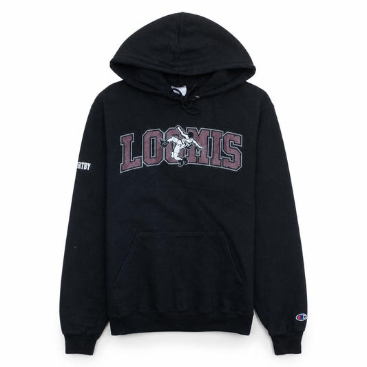 Front view of Champion men’s black pullover hoodie small fleece loomis graphic