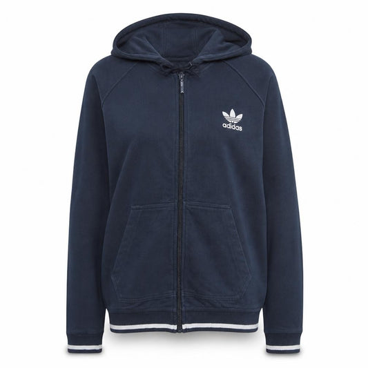 Front view of Adidas women’s blue full zip hoodie, size UK 16, hooded sweatshirt