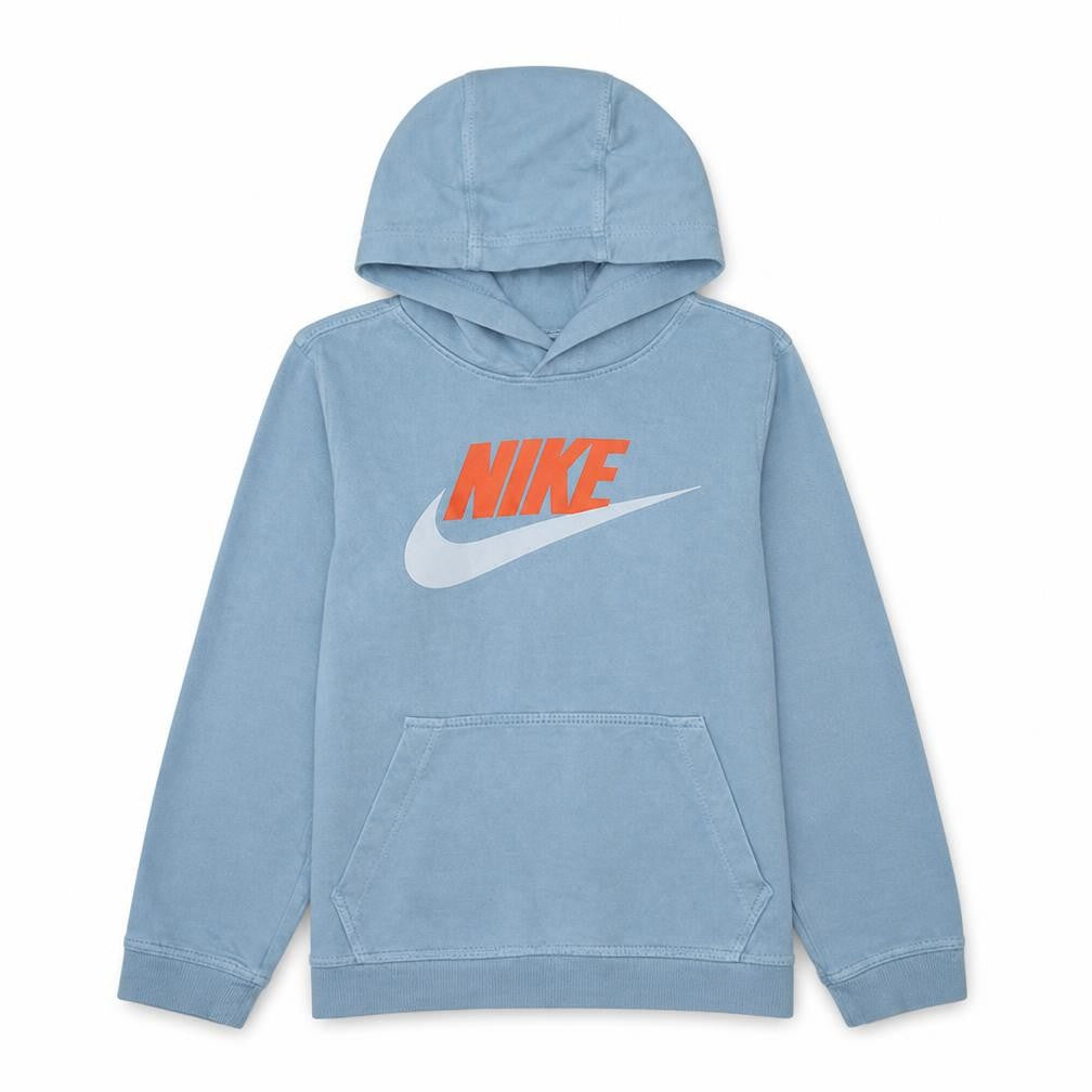 Front view of Nike boys’ blue pullover hoodie l cotton blend graphic logo sweatshirt