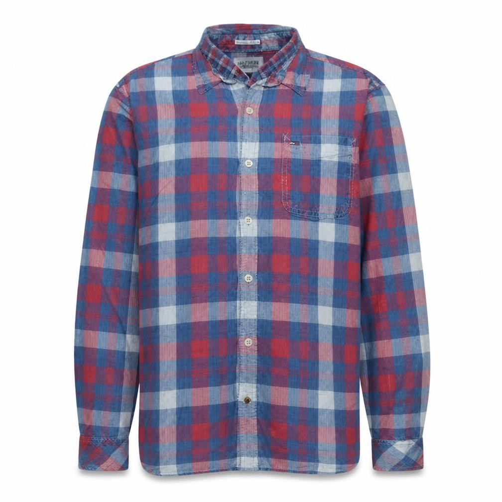 Front view of Hilfiger Denim Men's Blue Red Check Long Sleeve Button-Up Shirt L