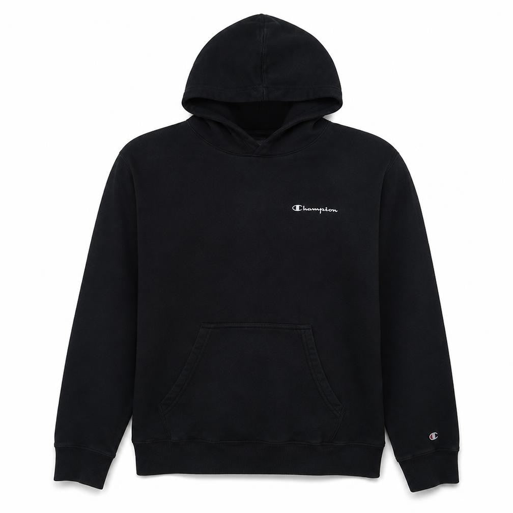 Front view of Champion Men's Black Pullover Hoodie Medium Fleece Logo Sweatshirt