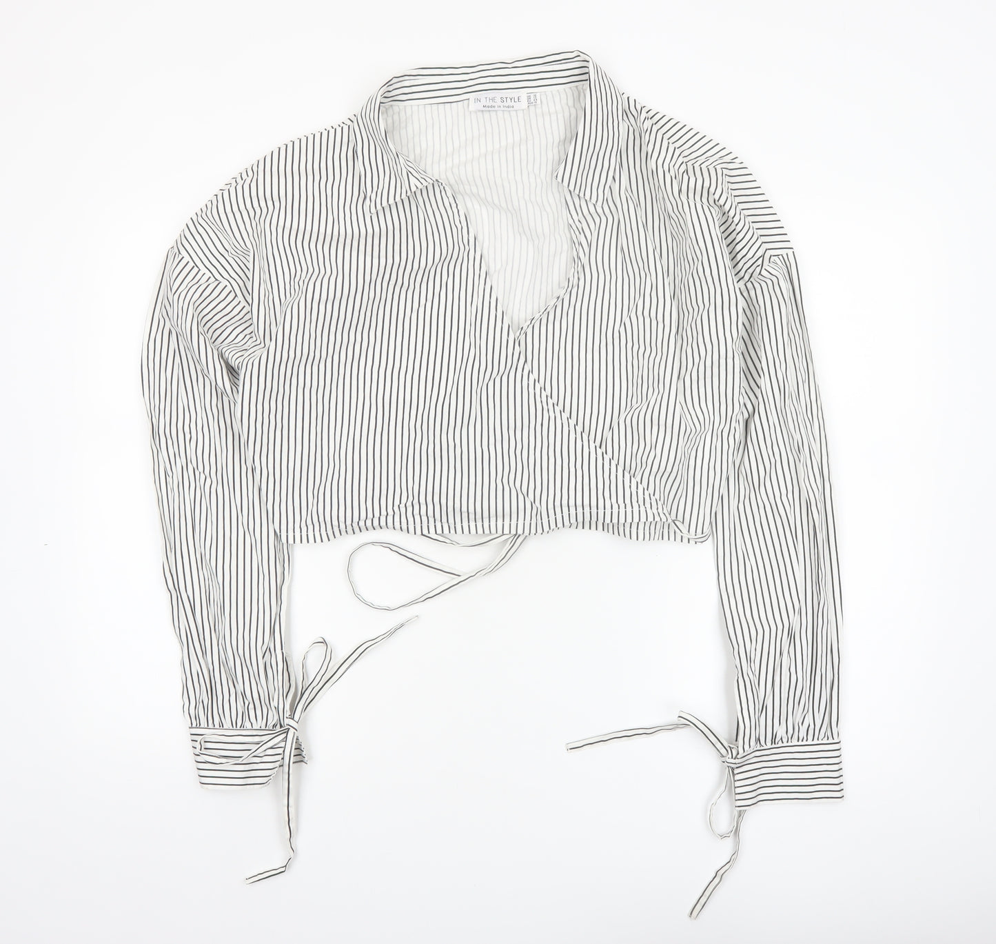 In The Style Women White Striped Cropped Wrap Blouse Size 16