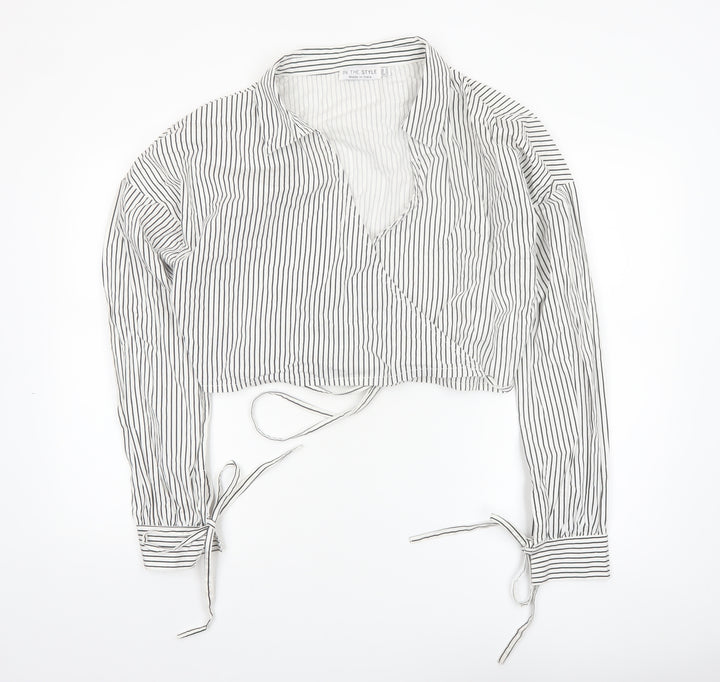 In The Style Women White Striped Cropped Wrap Blouse Size 16