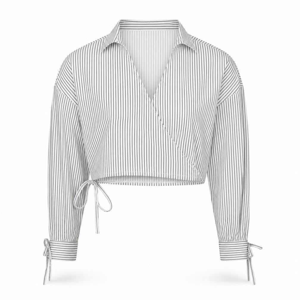 Front view of In The Style Women White Striped Cropped Wrap Blouse, size 16