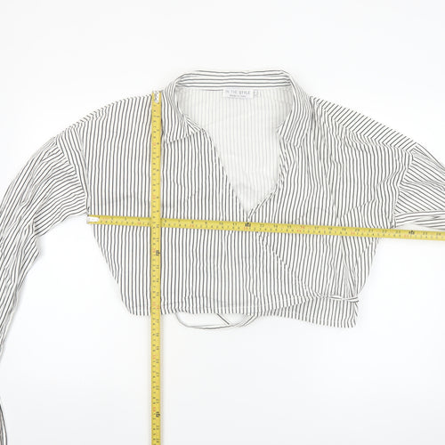 In The Style Women White Striped Cropped Wrap Blouse Size 16