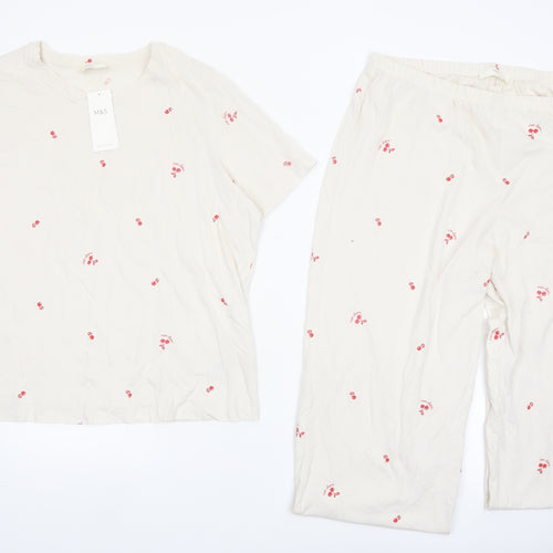 Marks and Spencer Women Ivory Cotton Cherry Print Pyjama Set L