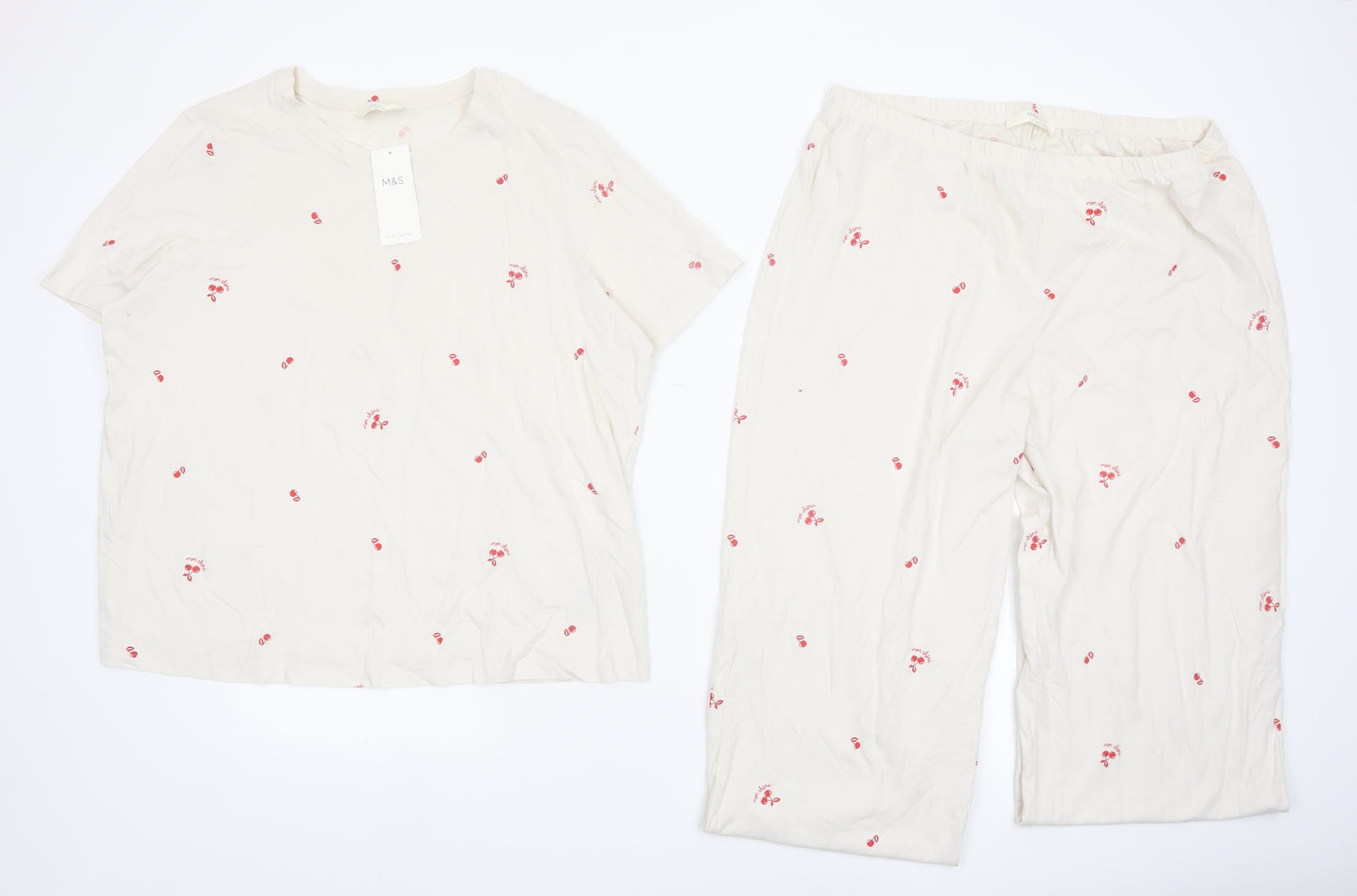 Marks and Spencer Women Ivory Cotton Cherry Print Pyjama Set L