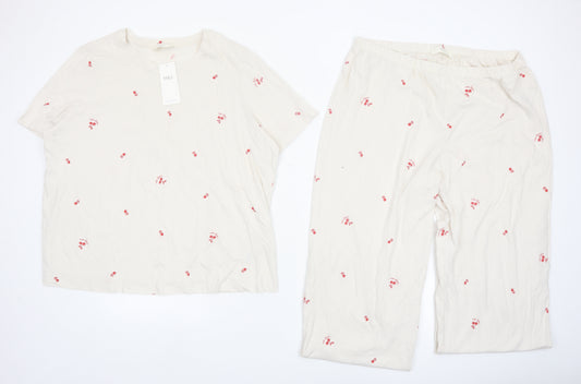 Marks and Spencer Women Ivory Cotton Cherry Print Pyjama Set L
