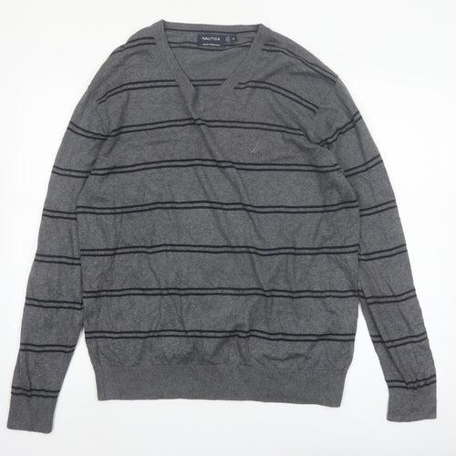 Nautica Men's Grey Striped V-Neck Cotton Modal Jumper XL