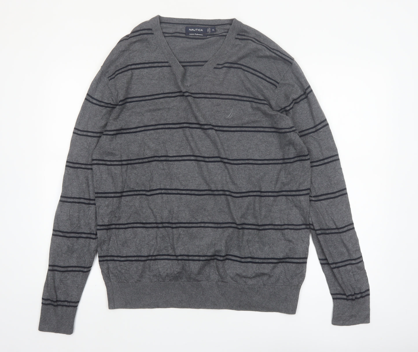 Nautica Men's Grey Striped V-Neck Cotton Modal Jumper XL