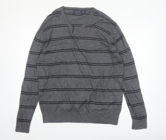 Nautica Men's Grey Striped V-Neck Cotton Modal Jumper XL