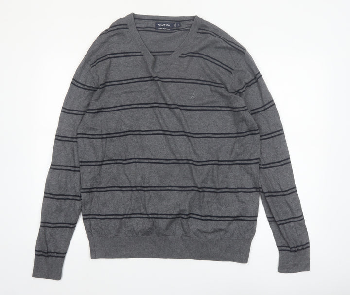 Nautica Men's Grey Striped V-Neck Cotton Modal Jumper XL