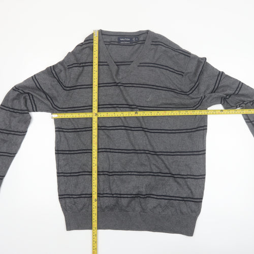 Nautica Men's Grey Striped V-Neck Cotton Modal Jumper XL