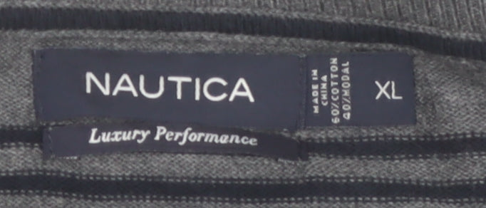 Nautica Men's Grey Striped V-Neck Cotton Modal Jumper XL