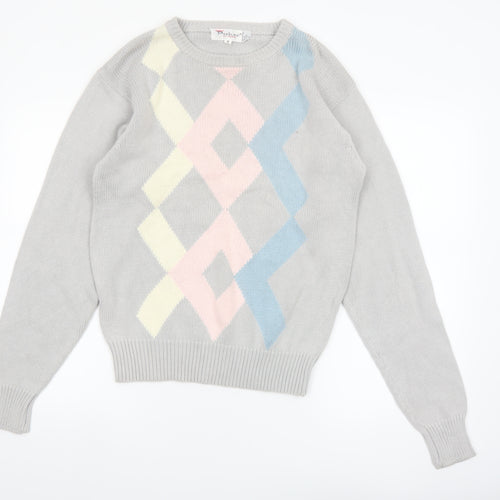 Parker of Vienna Women's Grey Argyle Cotton Crew Neck Jumper S