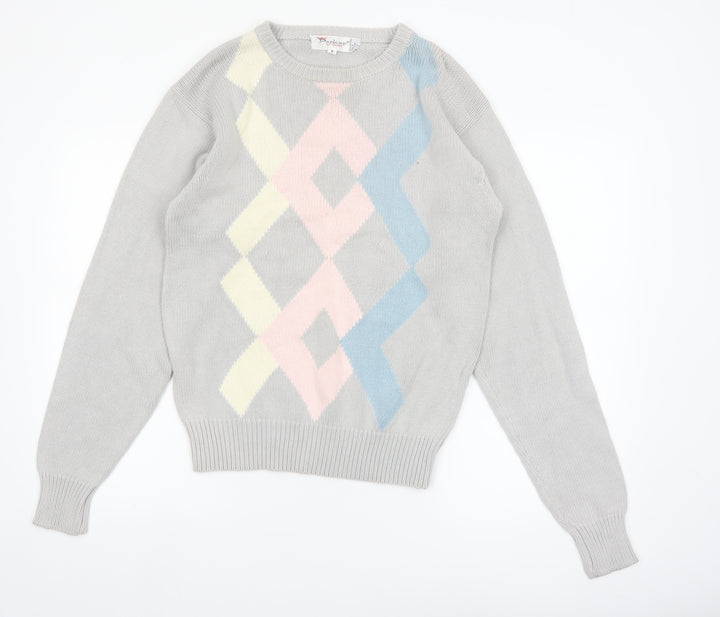 Parker of Vienna Women's Grey Argyle Cotton Crew Neck Jumper S