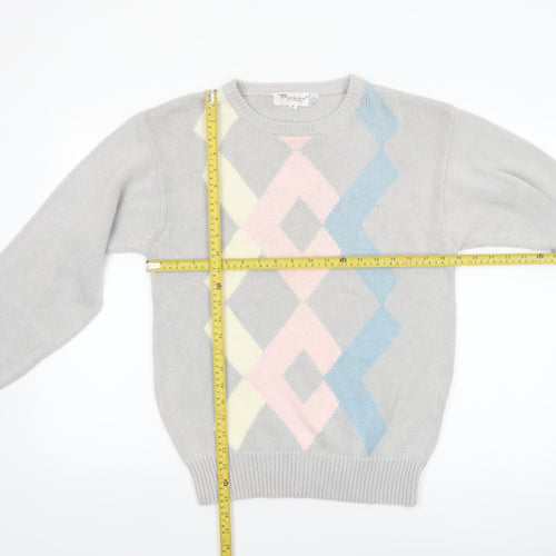 Parker of Vienna Women's Grey Argyle Cotton Crew Neck Jumper S
