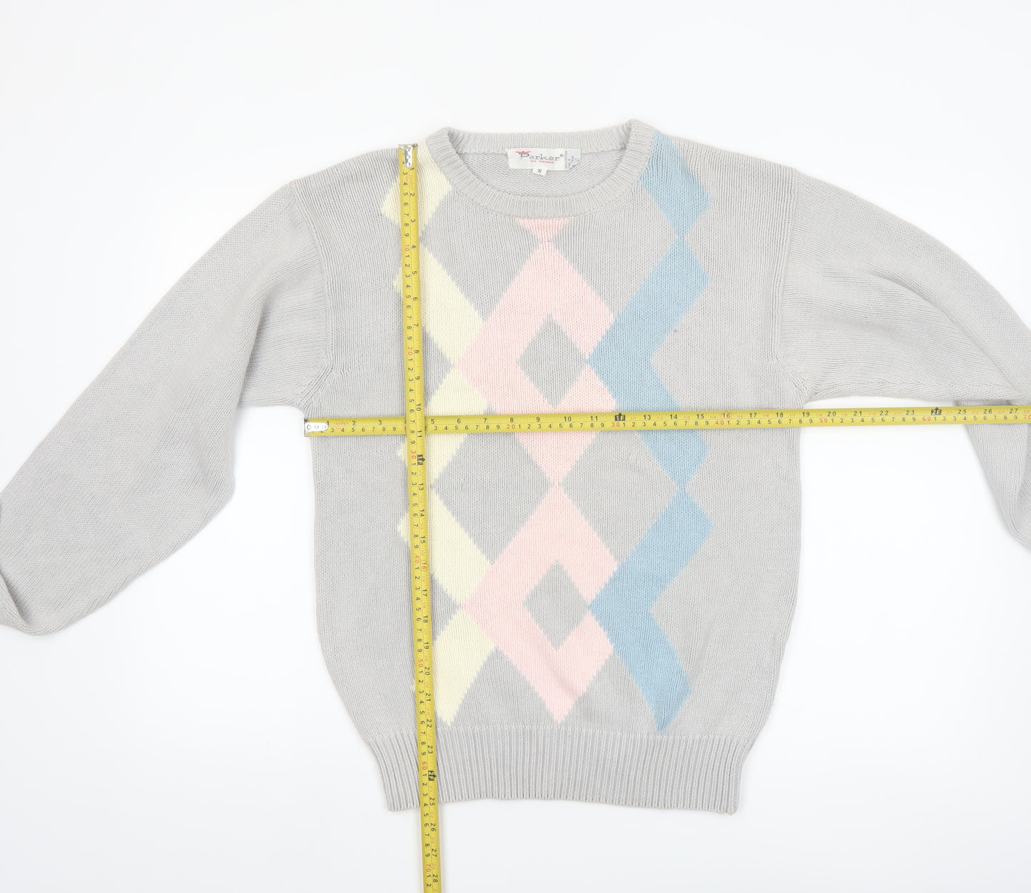 Parker of Vienna Women's Grey Argyle Cotton Crew Neck Jumper S