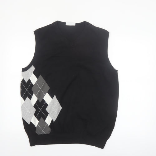 FOUR-D Men's Black Argyle XL Cotton Sleeveless V-Neck Jumper Vest