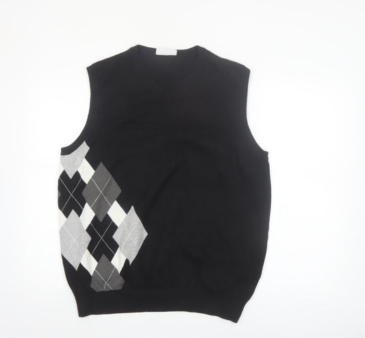 FOUR-D Men's Black Argyle XL Cotton Sleeveless V-Neck Jumper Vest