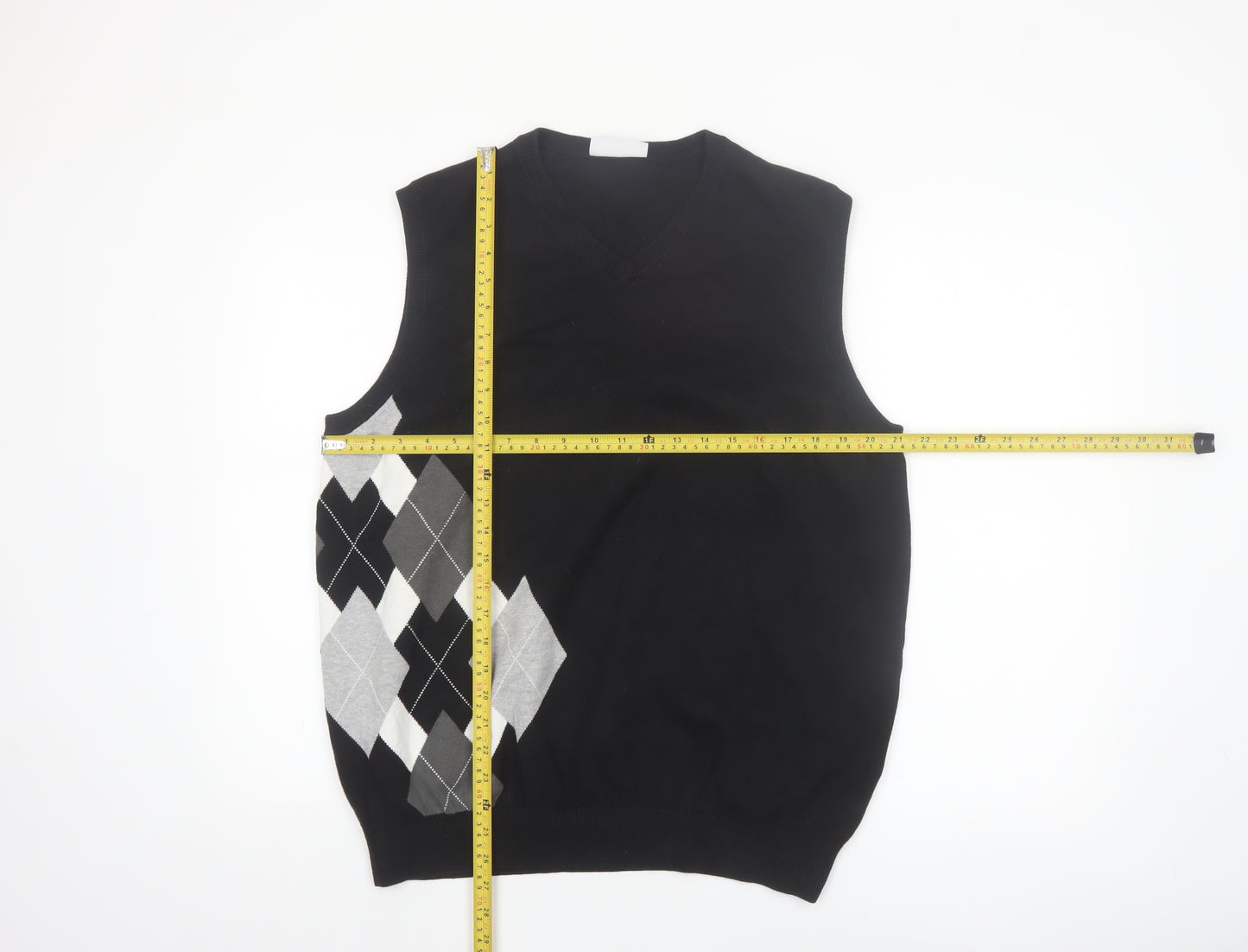 FOUR-D Men's Black Argyle XL Cotton Sleeveless V-Neck Jumper Vest