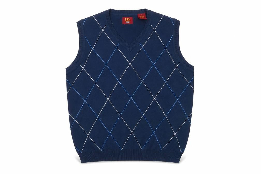 Front view of Haggar Men's Blue Argyle V-Neck Sleeveless Knit Vest S