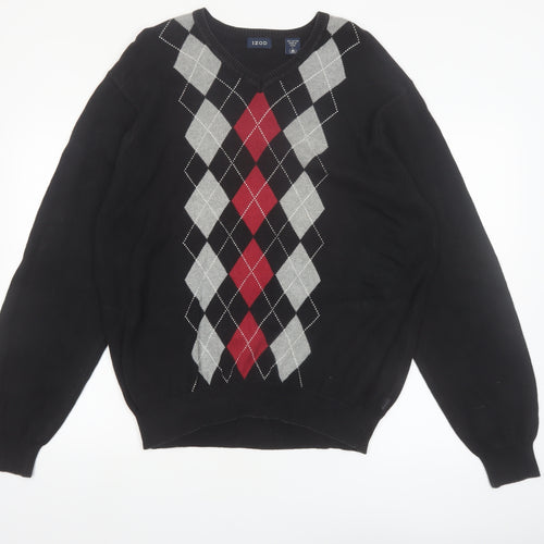 IZOD Men's Black Argyle V-Neck Cotton Pullover Jumper L