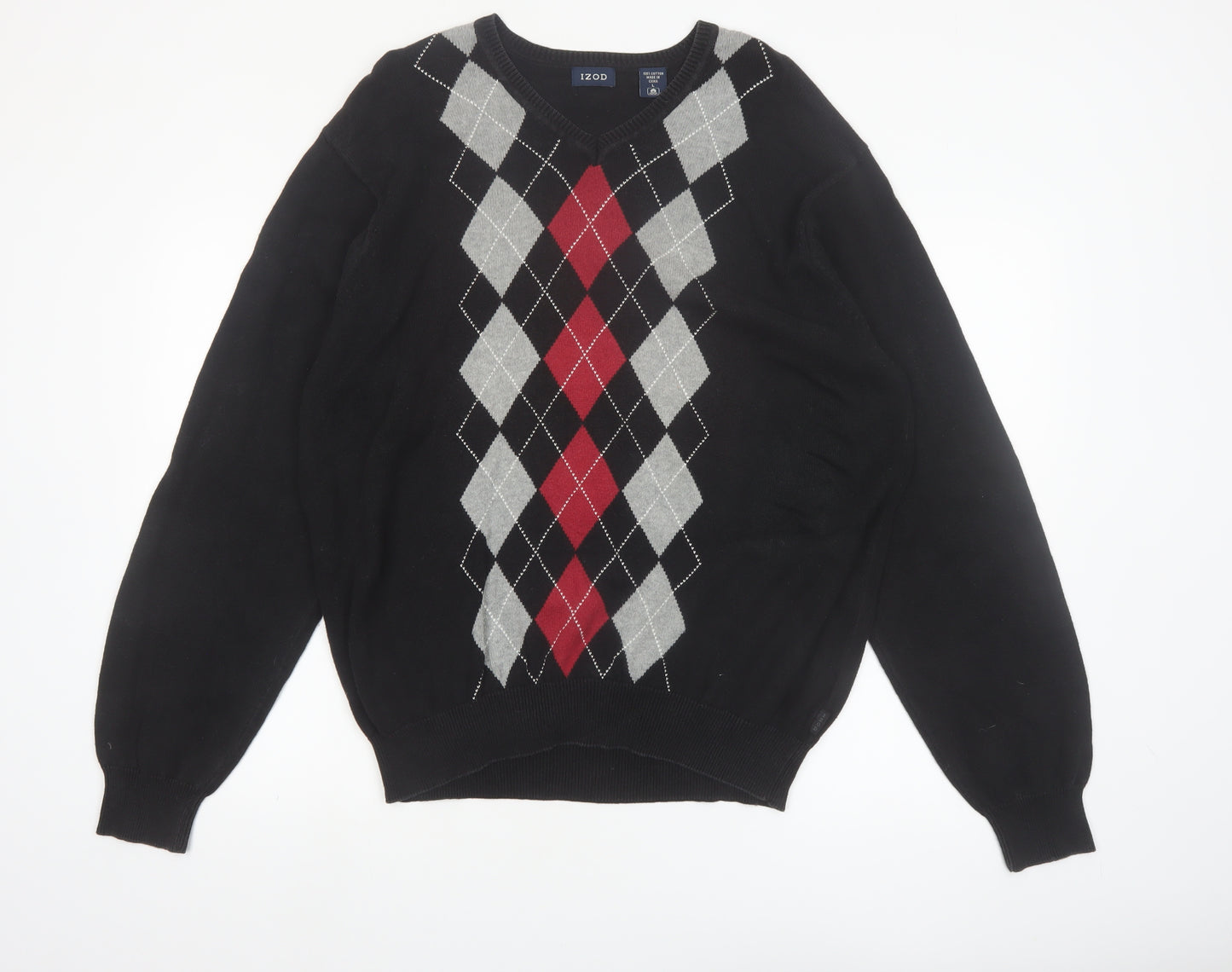 IZOD Men's Black Argyle V-Neck Cotton Pullover Jumper L