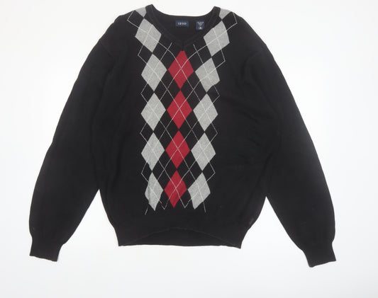 IZOD Men's Black Argyle V-Neck Cotton Pullover Jumper L