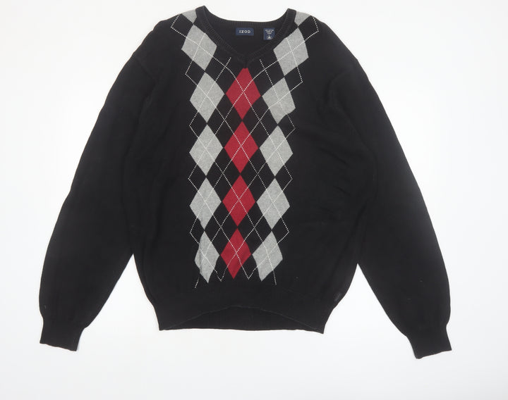 IZOD Men's Black Argyle V-Neck Cotton Pullover Jumper L