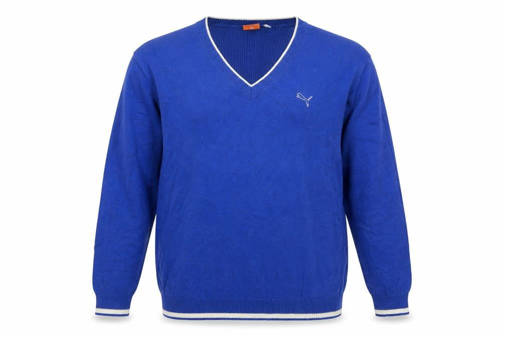Front view of Puma Men's Blue V-Neck Cotton jumper XL