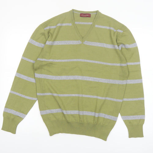 Emidio Tucci Men's Green Striped V-Neck Cotton Jumper Size L