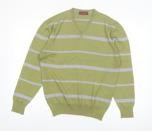 Emidio Tucci Men's Green Striped V-Neck Cotton Jumper Size L