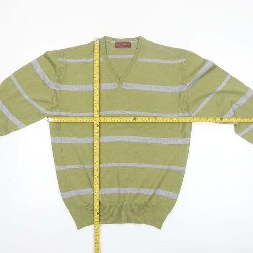 Emidio Tucci Men's Green Striped V-Neck Cotton Jumper Size L