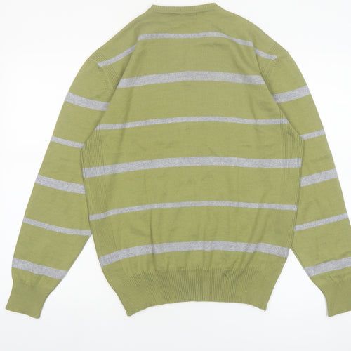 Emidio Tucci Men's Green Striped V-Neck Cotton Jumper Size L
