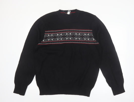 Dockers Men’s Black Fair Isle Cotton Crew Neck Jumper L